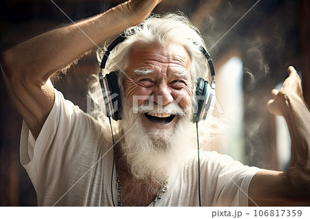 Happy elder man in headphones dancing, singing at home. Happy elder man in headphones dancing, singing at home. 106817359