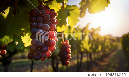 夕日の田舎の熟したぶどうが実るぶどう園 106818296