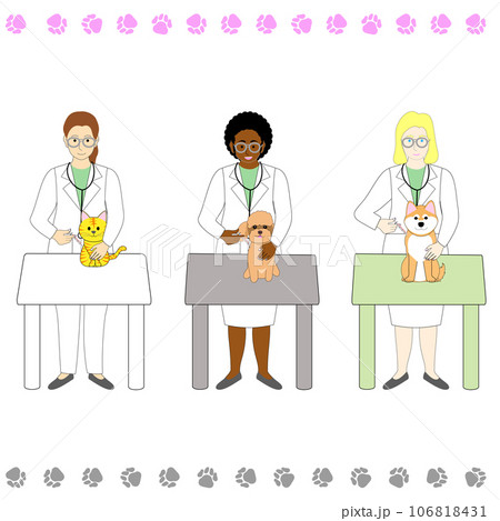 日本人、アフリカ人と白人の若い女性の獣医師セット 106818431