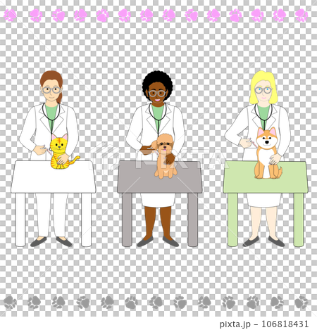 日本人、アフリカ人と白人の若い女性の獣医師セット 106818431