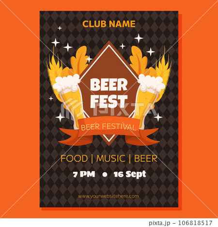 Beer festival poster template. Design with glass of beer, wheat and leaves, banner ribbon. Rhombus pattern on back 106818517