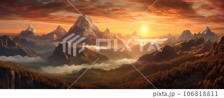 Sunrise over a mountain photo realistic illustration - Generative AI. Sunrise over a mountain photo realistic illustration - Generative AI. 106818811