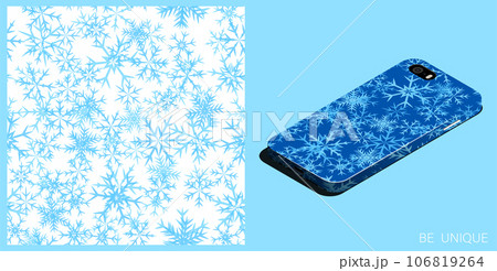 Modern smartphone in unique case decorated winter snowflakes. Six pointed fluffy snowflakes symbol of winter weather. Isometric top view. Vector ornament for design of posters and accessory 106819264