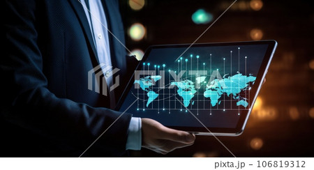 Businessman holding a tablet with a world map. Shadow economy and shadow deals concept. 106819312