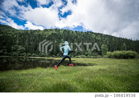 Woman trail runner cross country running in beautiful grassland 106819538