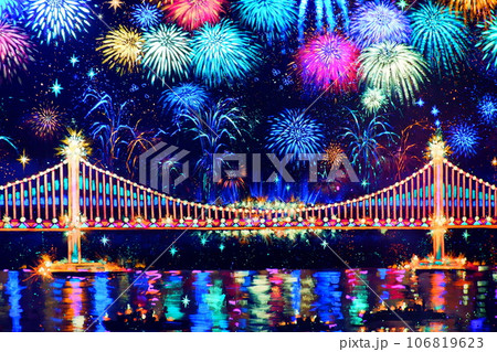 カラフルな花火と橋の写真素材 [106819623] - PIXTA