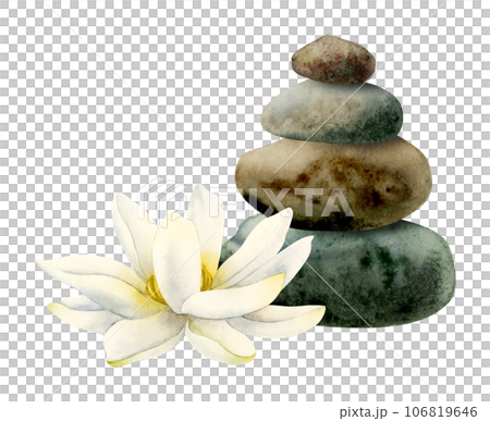 Watercolor lotus flower and balanced stones pyramid realistic illustration for yoga ans spa centers, natural cosmetics and health care Watercolor lotus flower and balanced stones pyramid realistic illustration for yoga ans spa centers, natural cosmetics and health care 106819646