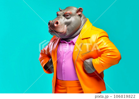 Heavy fun hippo anthropomorphic bright colors spor, Generative AI 106819822