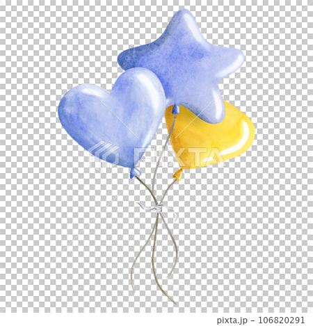 Pastel blue and yellow air balloons for boys birthday party watercolor illustration isolated on white background. Hand drawn clipart for happy birthday greeting cards and invitations 106820291