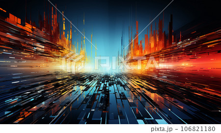 Abstract image of metropolis street, glitch effect, rainbow colors, infinity concept 106821180