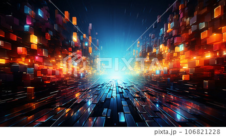 Abstract image of metropolis street, glitch effect, rainbow colors, infinity concept Abstract image of metropolis street, glitch effect, rainbow colors, infinity concept 106821228