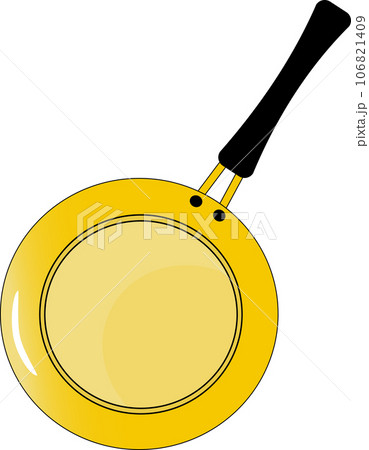 Yellow fry pan used for cooking in the kitchen with the black handle. 106821409