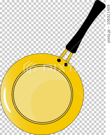 Yellow fry pan used for cooking in the kitchen with the black handle. 106821409