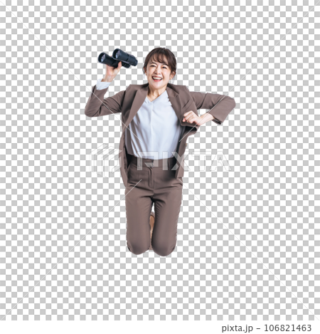 Middle-aged woman jumping with binoculars background transparent cutout PNG 106821463