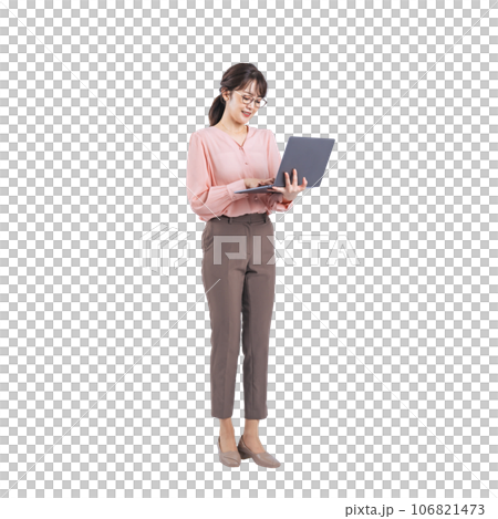 Middle-aged woman using a laptop, background transparent cutout PNG 106821473