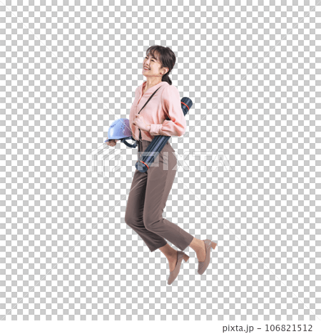 Middle-aged woman jumping with a helmet, background transparent cutout PNG 106821512