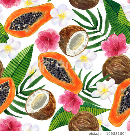 Tropical seamless background. Pattern with beautiful watercolor exotic leaves, papaya, coconut, hibiscus, plumeria. Botanical hand drawn illustration. Texture for print, textile, cosmetics, packing. Tropical seamless background. Pattern with beautiful watercolor exotic leaves, papaya, coconut, hibiscus, plumeria. Botanical hand drawn illustration. Texture for print, textile, cosmetics, packing. 106821804