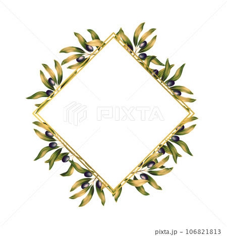 Square rhombus template for text with olive branches and leaves. Frame or border with botanical motifs. Illustration for romantic pretty wedding invitation, greeting card, cosmetic, label design. Square rhombus template for text with olive branches and leaves. Frame or border with botanical motifs. Illustration for romantic pretty wedding invitation, greeting card, cosmetic, label design. 106821813