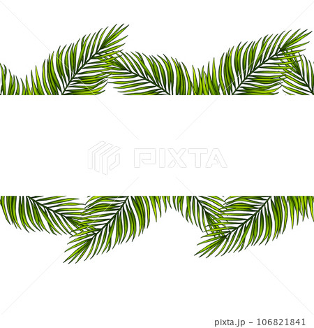 Square template for text with tropical palm leaves. Frame or border with jungle rainforest exotic plants. Isolated on white realistic hand drawn illustration for label design. 106821841