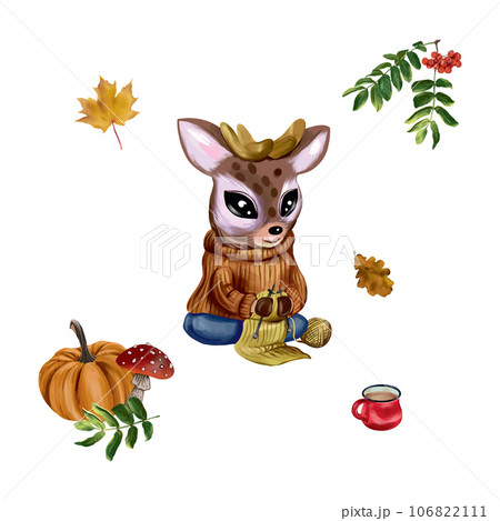 Cartoon deer in a warm sweater, pumpkin, mushroom, rowan. Vector illustration on an autumn theme. Greeting cards, invitations, autumn banners, flyers. 106822111