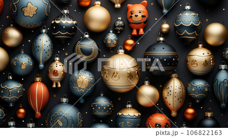 Beautiful different Christmas tree toys, new year decoration, copy space, postcard Beautiful different Christmas tree toys, new year decoration, copy space, postcard 106822163