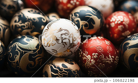 Beautiful different Christmas tree toys, new year decoration, copy space, postcard 106822198