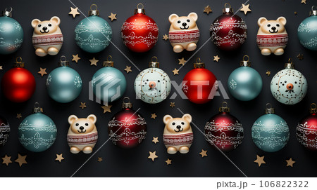 Beautiful different Christmas tree toys, new year decoration, copy space, postcard Beautiful different Christmas tree toys, new year decoration, copy space, postcard 106822322