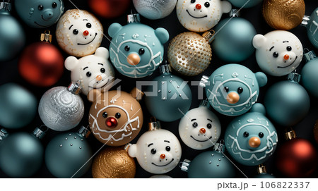 Beautiful different Christmas tree toys, new year decoration, copy space, postcard Beautiful different Christmas tree toys, new year decoration, copy space, postcard 106822337