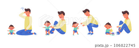 Man Daddy Caring for His Little Son Boy Vector Set 106822745