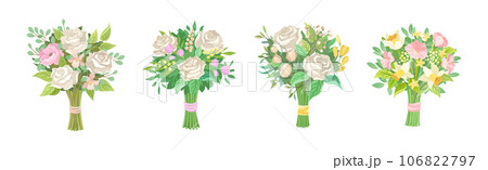 Flower Bouquet and Bunch with Green Leafy Branches Vector Set 106822797