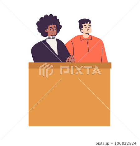 Litigation with Man and Woman at Tribune at Courtroom Engaged in Settlement Vector Illustration 106822824