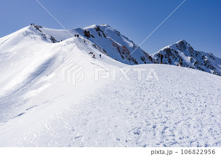 北アルプスの唐松岳の雪山登山　八方尾根から唐松岳山頂を望む 106822956