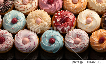 Assorted and collage of delicious glazed donuts, a popular dessert, TOP view,  photo for pastry shop and cafe menu Assorted and collage of delicious glazed donuts, a popular dessert, TOP view,  photo for pastry shop and cafe menu 106823128