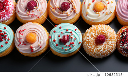 Assorted and collage of delicious glazed donuts, a popular dessert, TOP view,  photo for pastry shop and cafe menu 106823184