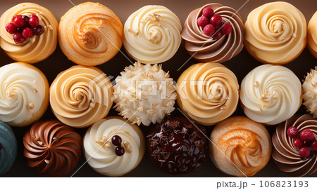 Assorted and collage of delicious glazed donuts, a popular dessert, TOP view,  photo for pastry shop and cafe menu 106823193