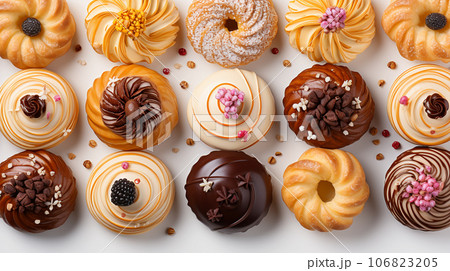Assorted and collage of delicious glazed donuts, a popular dessert, TOP view,  photo for pastry shop and cafe menu Assorted and collage of delicious glazed donuts, a popular dessert, TOP view,  photo for pastry shop and cafe menu 106823205