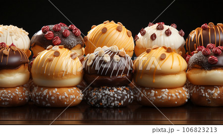 Assorted and collage of delicious glazed donuts, a popular dessert, TOP view, photo for pastry shop and cafe menu Assorted and collage of delicious glazed donuts, a popular dessert, TOP view, photo for pastry shop and cafe menu 106823213