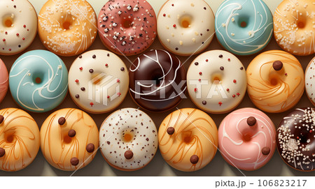 Assorted and collage of delicious glazed donuts, a popular dessert, TOP view, photo for pastry shop and cafe menu Assorted and collage of delicious glazed donuts, a popular dessert, TOP view, photo for pastry shop and cafe menu 106823217