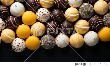 Assorted and collage of delicious glazed donuts, a popular dessert, TOP view,  photo for pastry shop and cafe menu 106823229