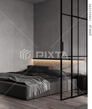 Dark bedroom interior with gray wall, stylish bed, wall light and partition, 3d render Dark bedroom interior with gray wall, stylish bed, wall light and partition, 3d render 106823293