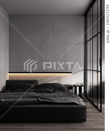 Dark black contemporary luxury modern bedroom with empty gray wall and a modern bed, 3d render Dark black contemporary luxury modern bedroom with empty gray wall and a modern bed, 3d render 106823294