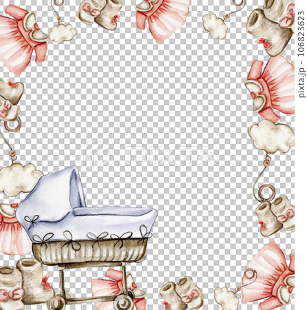 Toys frame, watercolor illustration for cards, backgrounds. Watercolor illustration for scrapbooking. Cartoon hand drawn background with toys for kids design. Perfect for wedding invitation. 106823623