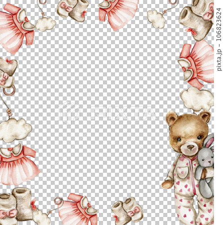 Toys frame, watercolor illustration for cards, backgrounds. Watercolor illustration for scrapbooking. Cartoon hand drawn background with toys for kids design. Perfect for wedding invitation. 106823624