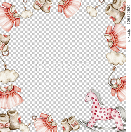 Toys frame, watercolor illustration for cards, backgrounds. Watercolor illustration for scrapbooking. Cartoon hand drawn background with toys for kids design. Perfect for wedding invitation. Toys frame, watercolor illustration for cards, backgrounds. Watercolor illustration for scrapbooking. Cartoon hand drawn background with toys for kids design. Perfect for wedding invitation. 106823626
