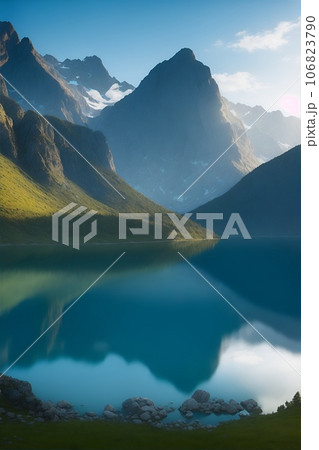 湖の水面に反射する幻想的な山の風景 湖の水面に反射する幻想的な山の風景 106823790