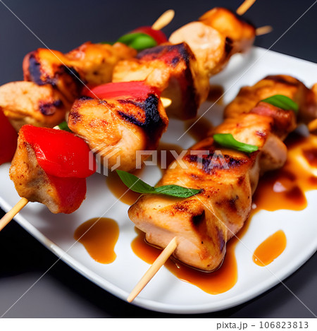 Barbecue, chicken kebab with vegetables, close up view. grilled meat skewers 106823813
