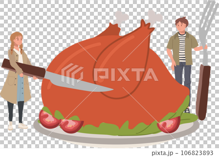 Holiday Celebration with Tiny Human and Oversized Thanksgiving Feast. Thanksgiving Dinner Humor. Tiny Man with Huge Food Cartoon Character Holiday Celebration with Tiny Human and Oversized Thanksgiving Feast. Thanksgiving Dinner Humor. Tiny Man with Huge Food Cartoon Character 106823893