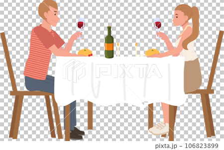 Couple Dining concept. Romantic Restaurant Date, Candlelight Dinner. Date Night Illustration 106823899