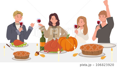 Happy Friends Enjoying Thanksgiving Dinner.Thanksgiving Celebration Happy Friends Enjoying Thanksgiving Dinner.Thanksgiving Celebration 106823920