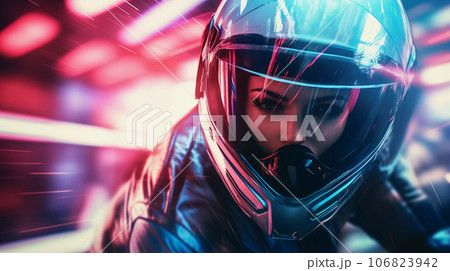Cyberpunk Girl on Motorbike Blurred Neon City Background 106823942